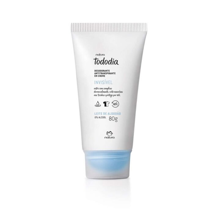 Desodorante Antitranspirante em Creme Tododia Leite de Algodão 80 gO Desodorante Antitranspirante Natura Tododia Leite de Algodão conta com fórmula exclusiva que garante proteção para as axilas por 48 horas sem deixar manchas nas roupas. Além de perfumar a pele, prolonga a sensação de pós-banho, sempre com agradável fragrância e frescor. Perfeito para o seu dia a dia. - Imagem 1